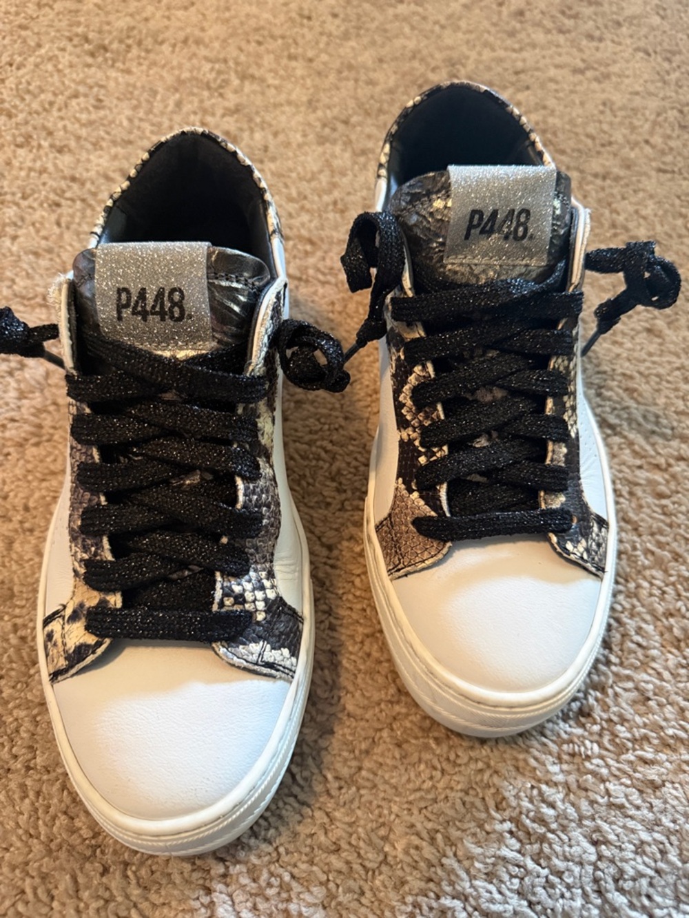 P448 White Sneakers with Black and Metallic Snake-Print Accents
